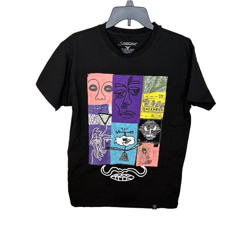 Screenshot Mens Medium Black Graphic T-Shirt Modern Art Faces 95% Cotton 5% Poly